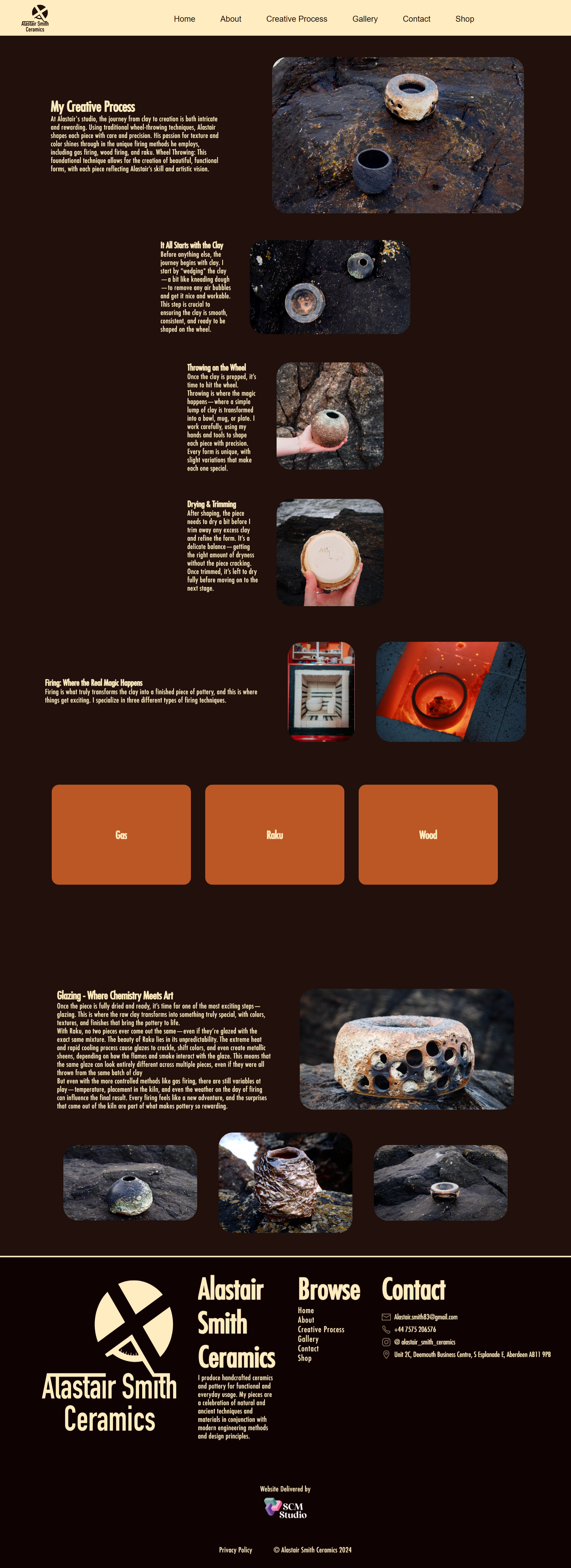 Alastair Smith Ceramics process page — wood firing and raku documentation